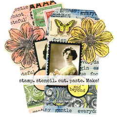 Collage of vintage-style elements including flowers, text, and a photo with decorative stamps and stickers.