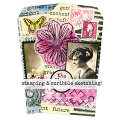 Decorative envelope with vintage-style collage featuring a pink flower, butterfly, and text.