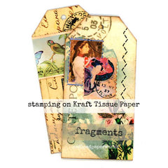Decorative tags with vintage designs and text on kraft tissue paper