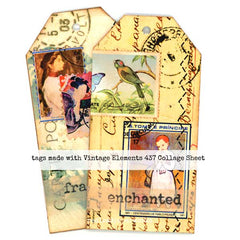 Collage sheet with vintage-themed elements including a fairy, bird, and stamps.