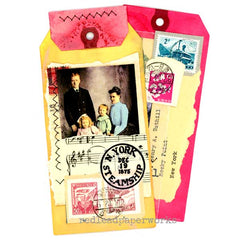 Decorative paper tag with vintage stamps and a family photo on a white background
