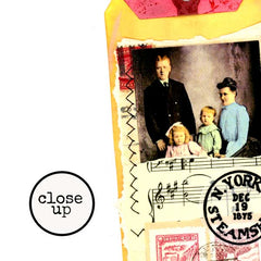 Vintage-style collage with a family photo, stamps, and musical notes.