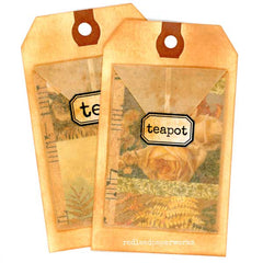 Two decorative teabags with vintage design and 'teapot' label on a white background.