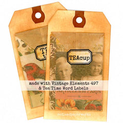 Two vintage-style tea bags with decorative labels and a child's face on a white background.