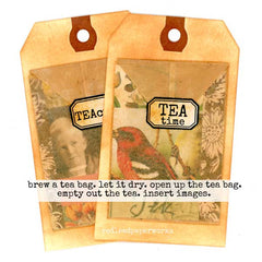 Two vintage-style tea bags with illustrations and text on a white background