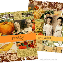 Collage of vintage-style cards with children's photos, pumpkins, and floral patterns, featuring the word 'family' and 'grateful'.