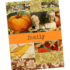 Handmade paper greeting card with pumpkins, vintage children's photo, and text 'family' on a Thanksgiving patterned background.