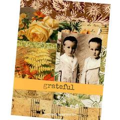 Decorative greeting card with vintage-style photos, flowers, and the word 'grateful'.