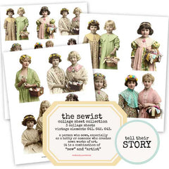 Collage sheet collection featuring vintage images of young girls with sewing baskets