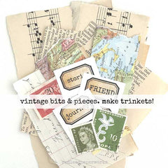 Collage of vintage-style paper pieces with text and graphics on a white background.