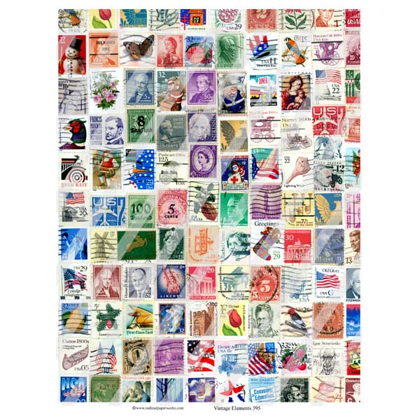 Vintage Elements 595 Postage Stamps Collage Sheet