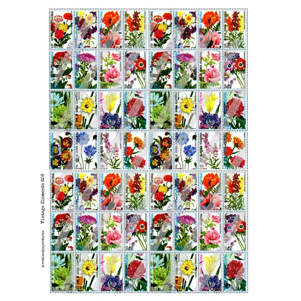 Vintage Elements 626 Flower Postage Stamps Collage Sheet