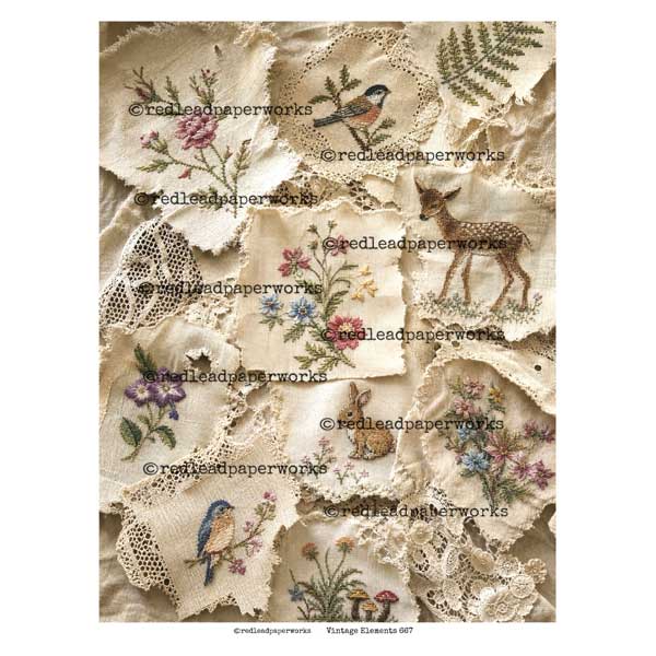 Vintage Elements 667 Embroidered Fabrics Scraps Collage Sheet