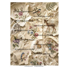 A vintage-style collage sheet featuring layered cream lace fabric pieces with embroidered birds, flowers, a deer, rabbits, and small plants. 