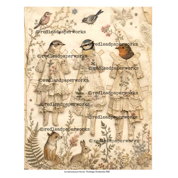 Vintage Elements 668 Embroidered Bird Paper Dolls Collage Sheet