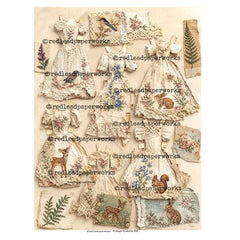 A vintage elements embroidered dresss collage sheet of vintage-style dresses with floral lace, rabbits, deer, ferns, and birds, all on a cream background 