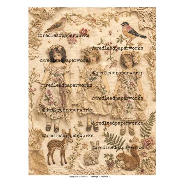 Vintage Elements 670 Embroidered Paper Dolls Collage Sheet