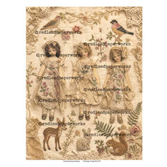 Vintage-style paper dolls collage sheet  featuring 3 paper dolls in lace dresses, a bird, a deer, a rabbit, ferns, flowers, and lace details on a warm beige background