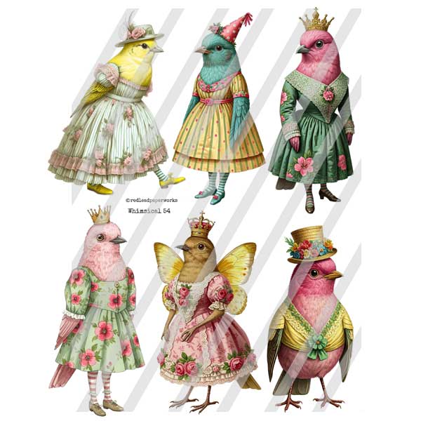 Whimsical 54 Bird Paper Dolls Collage Sheet