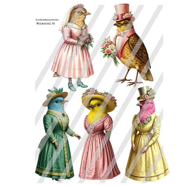 Whimsical 55 Bird Paper Dolls Collage Sheet