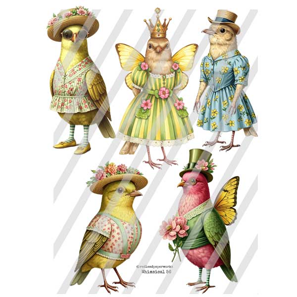 Whimsical 56 Bird Paper Dolls Collage Sheet