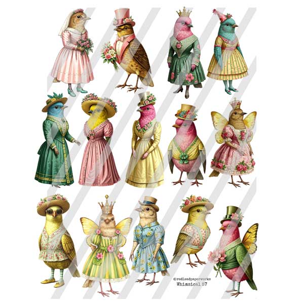 Whimsical 57 Bird Paper Dolls Collage Sheet