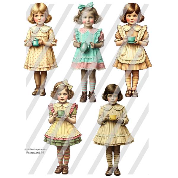 Whimsical 58 Tea Time Paper Dolls Collage Sheet