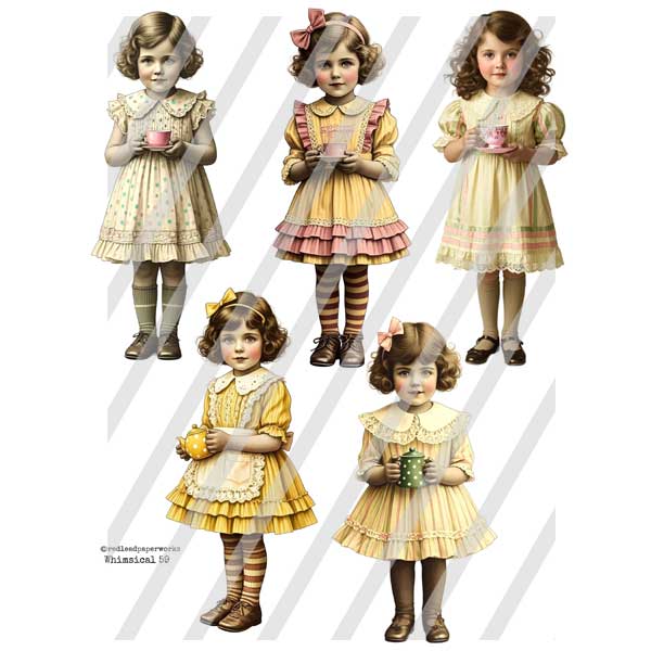 Whimsical 59 Tea Time Paper Dolls Collage Sheet