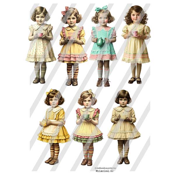 Whimsical 60 Tea Time Paper Dolls Collage Sheet