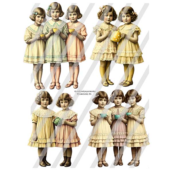 Whimsical 61 Tea Time Paper Dolls Collage Sheet