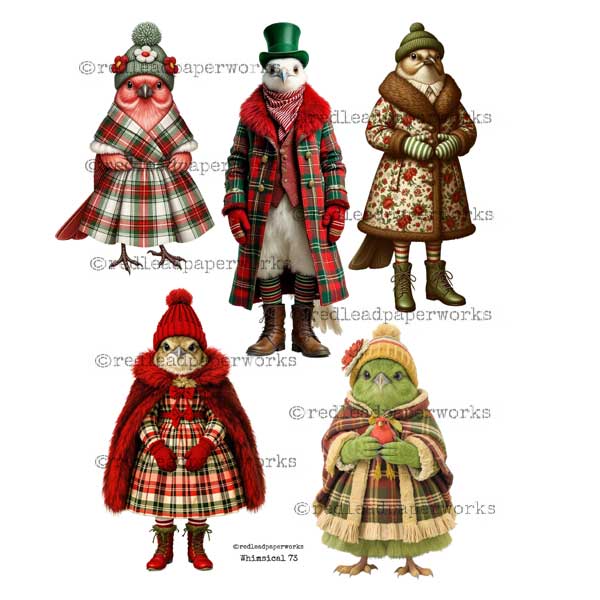 Whimsical 73 Winter Birds Paper Dolls Collage Sheet
