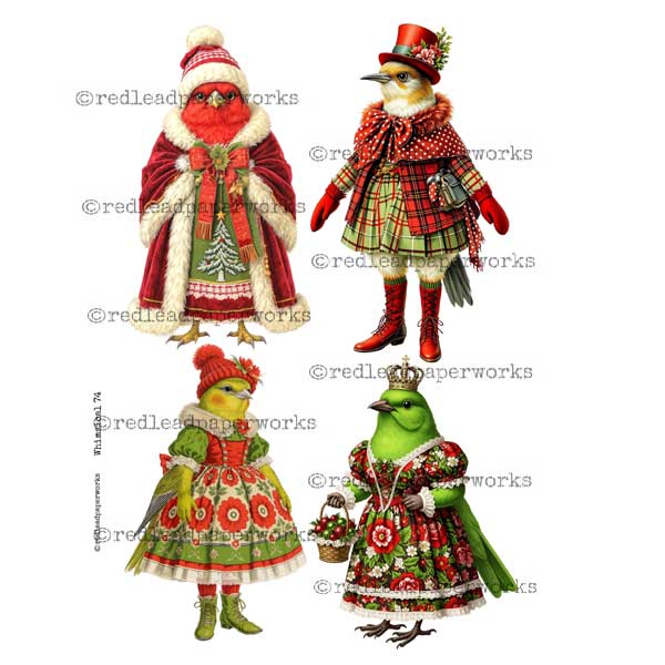 Whimsical 74 Winter Birds Paper Dolls Collage Sheet