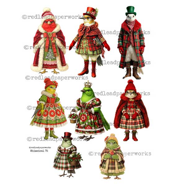 Whimsical 75 Winter Birds Paper Dolls Collage Sheet