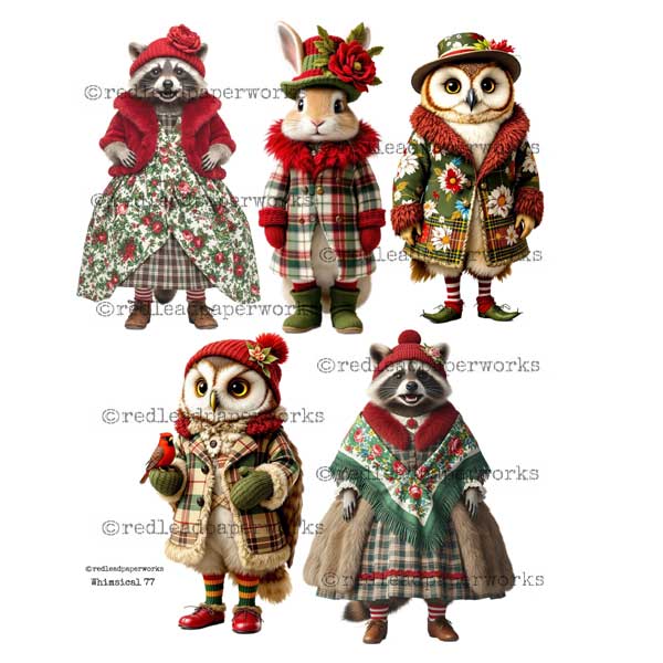 Whimsical 77 Winter Time Animal Paper Doll Collage Sheet