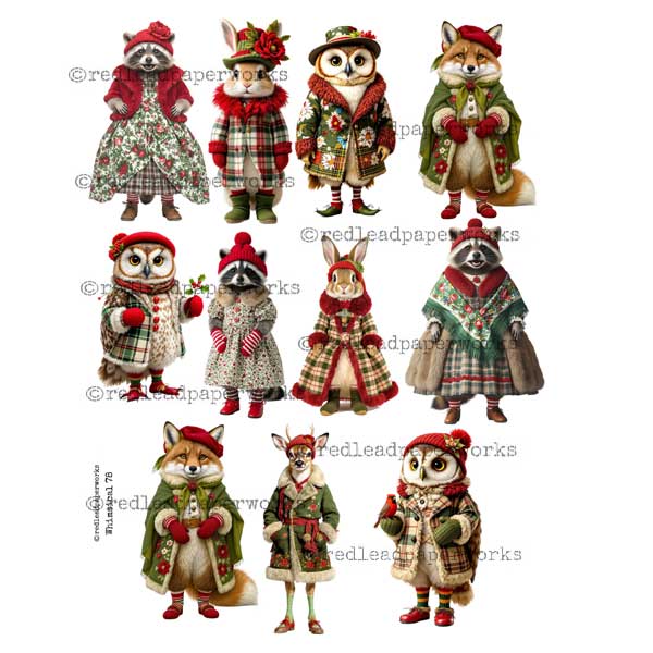 Whimsical 78 Winter Time Animal Paper Dolls Collage Sheet