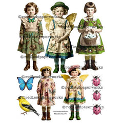 Whimsical Butterfly Girls Paper Dolls Collage Sheet