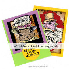 2 Whimsical Twinchie and Artist Trading Card Art with a whimsical Bird and Squirrel Rubber Stamp