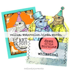 Colorful mixed media art illustration of birds in hats rubber stamps 
