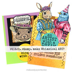 stamping and stitching watercolor whimsical bunny and bird rubber stamp cards