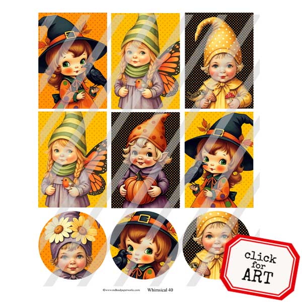 Whimsical 40 Halloween Artist Trading Cards Collage Sheet