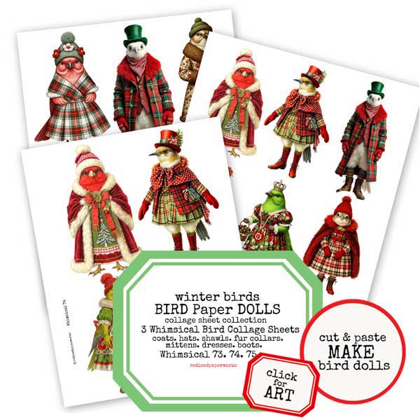 Whimsical Winter Birds Paper Dolls Collage Sheet Collection SALE