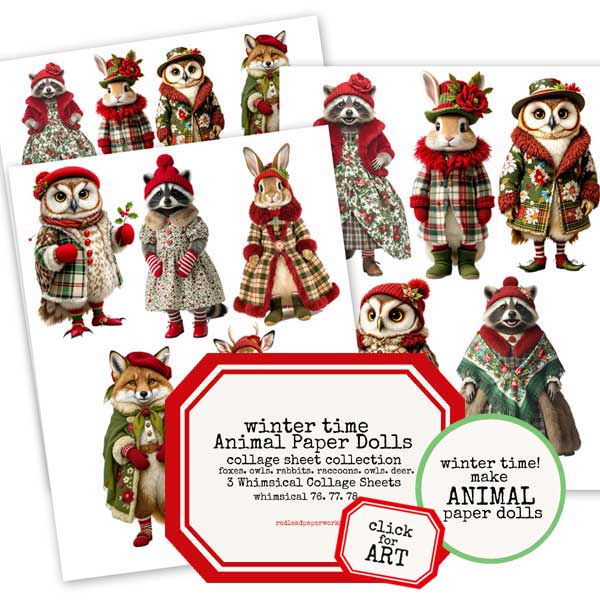Whimsical Winter Time Animal Paper Dolls Collage Sheet Collection SALE
