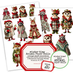 Whimsical Winter Time Animal Paper Dolls Collage Sheet Collection SALE
