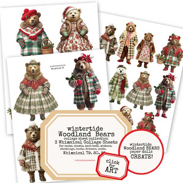 Whimsical Woodland Bears Paper Dolls Collage Sheet Collection SALE