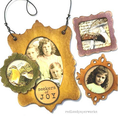 Vintage-style wooden photo frames with children's portraits and nature imagery, featuring the brand 'redleadpaperworks'.