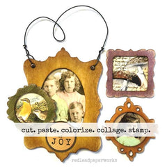 Decorative wooden frame with vintage-style collage sheet images 