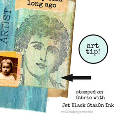 Artistic collage with a woman's face and child's portrait, featuring text about Jet Black StazOn Ink.