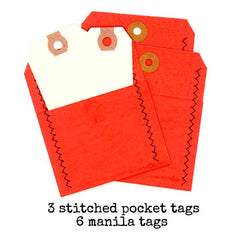3 Red Stitched Pocket Tags with Assorted Manila Tags