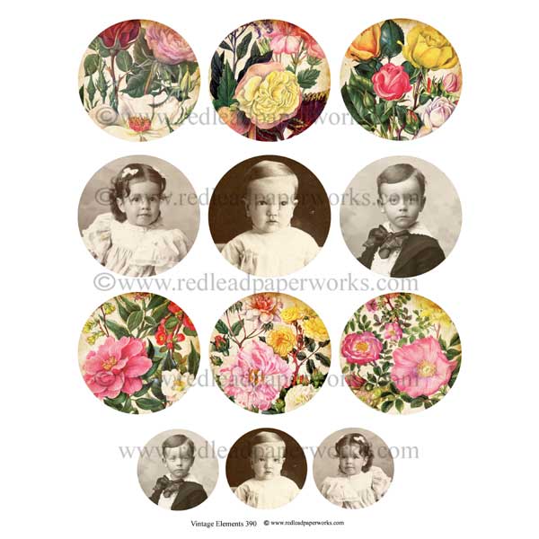 Circle Flowers and Photos Vintage Elements Collage Sheet 390