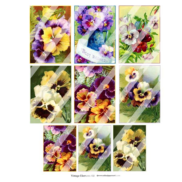 Vintage Elements 411 Pansy Artist Trading Cards Collage Sheet